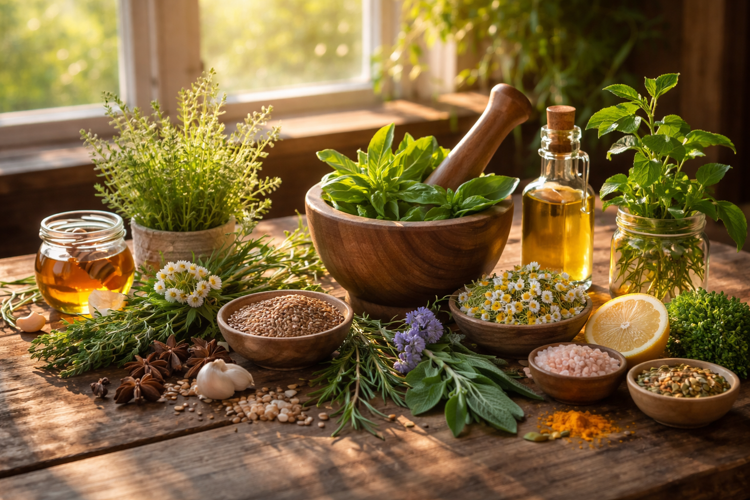 natural botanical ingredients on a wooden table with fresh herbs, seeds, and morning sunlight streaming through a window