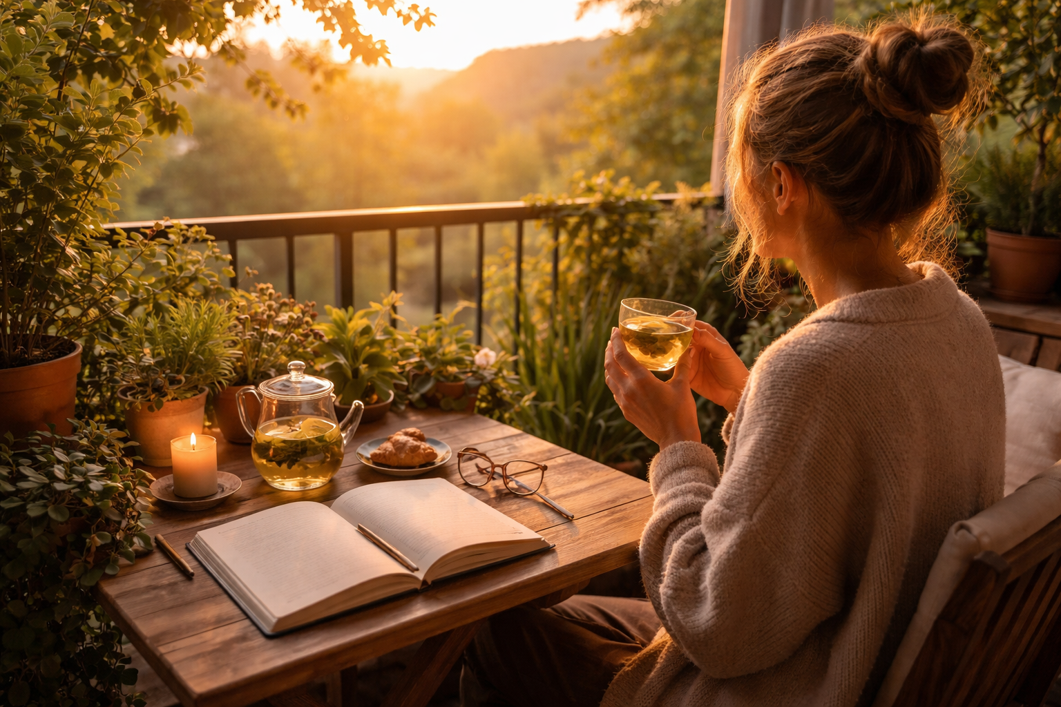 person enjoying morning routine with herbal tea, journal, and plants on a peaceful balcony at sunrise